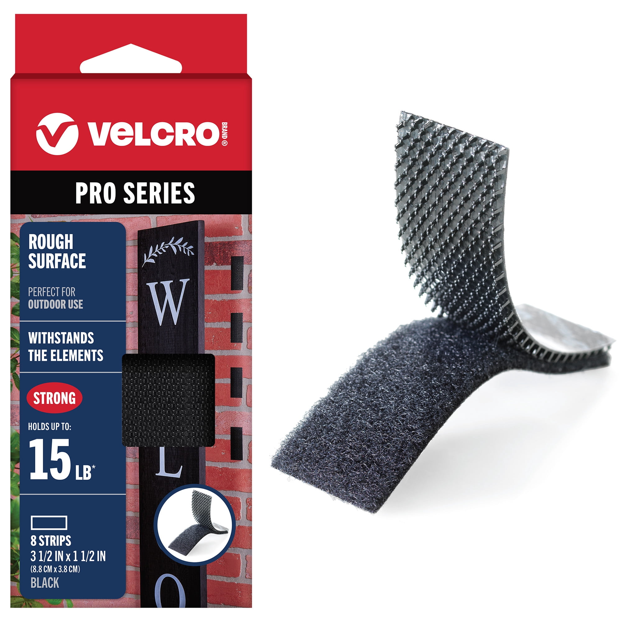VELCRO Brand PRO Series Rough Surface Fastener Strips, Holds up to 15 lbs on Brick, 3.5 in x 1.5 in, Black, 8 Count