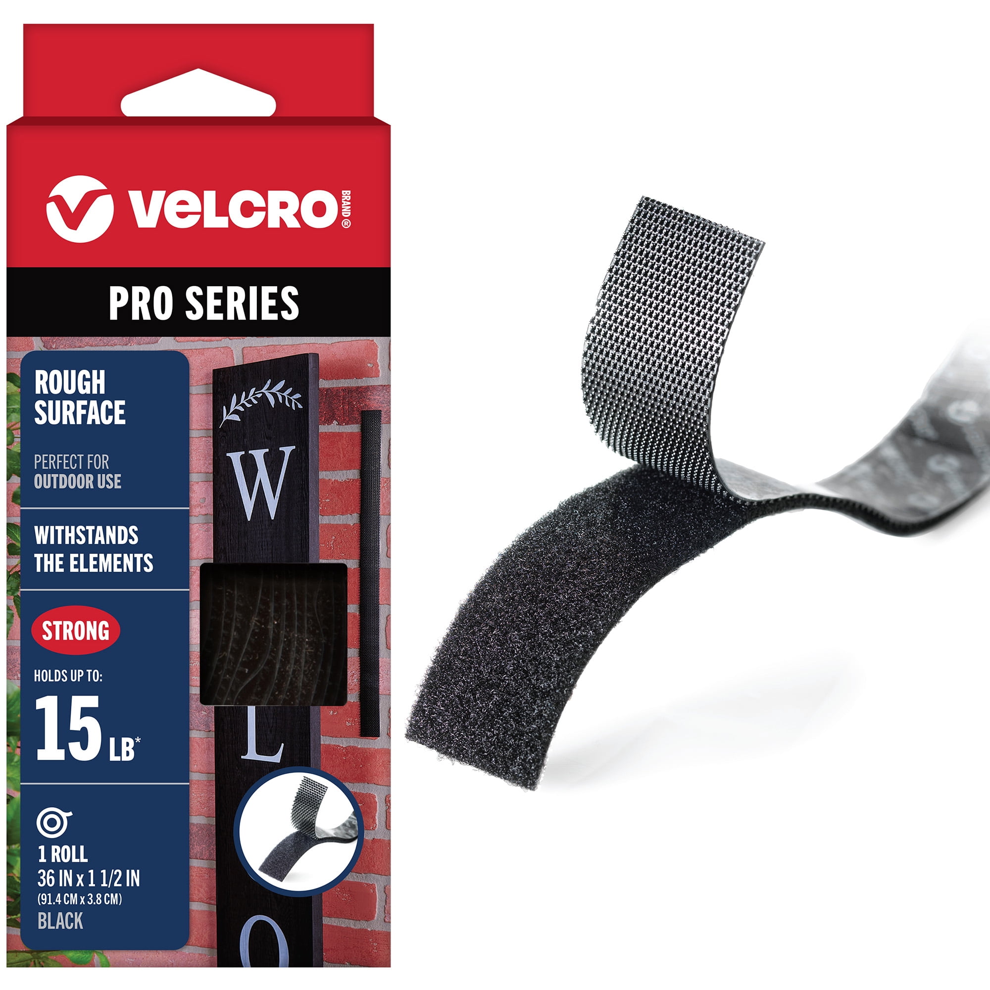 VELCRO® Brand PRO Series Rough Surface, Holds up to 15 Pounds on Brick, 36in x 1 1/2in Tape Black