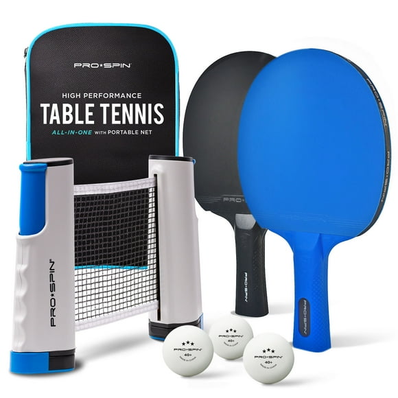PRO-SPIN All-in-One Portable Ping Pong Set with Retractable Net, High-Performance Ping Pong Paddles, Ultra Comfort Handles