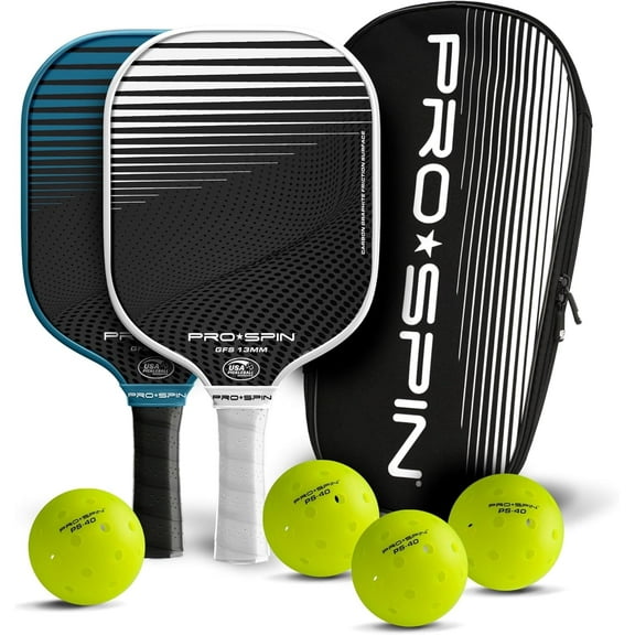 PRO SPIN Pickleball Paddles - Set of 2 USAPA-Approved Graphite Carbon Pickle Ball Paddles (Blue/Pink), 4 High-Performance Pickleball Balls, Durable Bag for Rackets & Balls - Great Gift