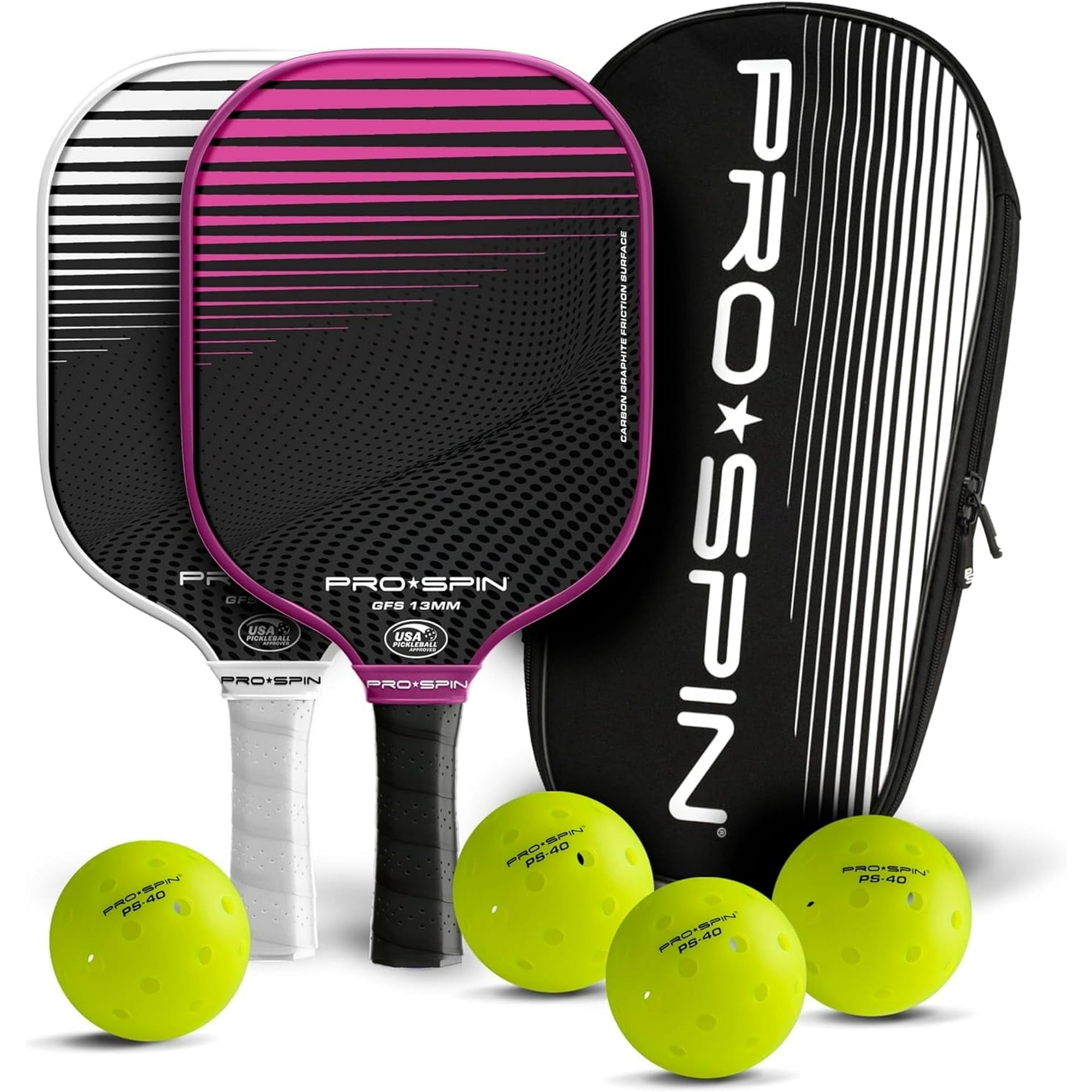 PRO SPIN Pickleball Paddles - Set of 2 USAPA-Approved Graphite Carbon Pickle Ball Paddles (Blue/Pink), 4 High-Performance Pickleball Balls, Durable Bag for Rackets & Balls - Great Gift