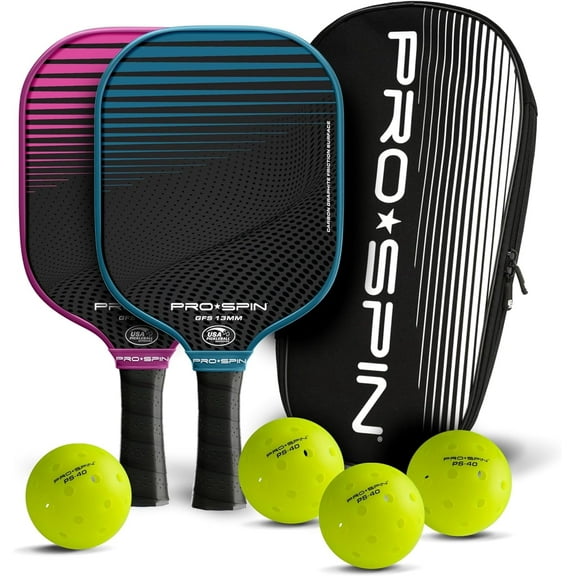 PRO SPIN Pickleball Paddles - Set of 2 USAPA-Approved Graphite Carbon Pickle Ball Paddles (Blue/Pink), 4 High-Performance Pickleball Balls, Durable Bag for Rackets & Balls - Great Gift