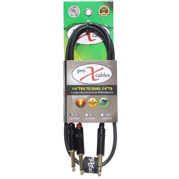 ProX XC-SYP03 3' 1/4" TRS-M Stereo to Dual 1/4" TS-M Unbalanced High Performance Audio Y Cable