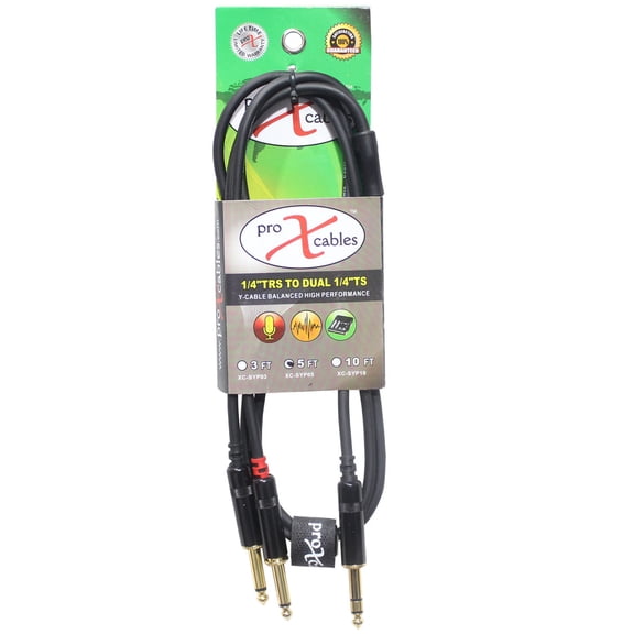 ProX XC-SYP05 5' 1/4" TRS-M Stereo to Dual 1/4" TS-M Unbalanced High Performance Audio Y Cable