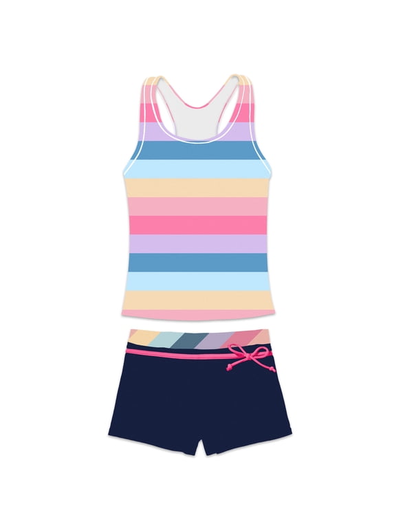 Girls Bathing Suits Two-Piece Swimsuit with Boyshorts Vest-Style Tankini(10-11T Rainbow)