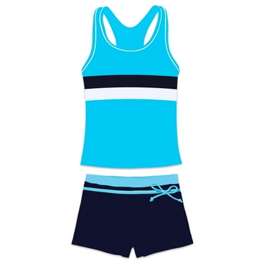 PROALLO Girls Bathing Suits Two-Piece Swimsuit with Boyshorts Vest-Style Tankini(12-13T Blue)