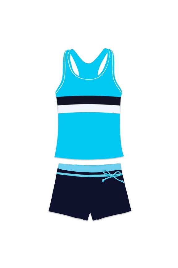 Girls Bathing Suits Two-Piece Swimsuit with Boyshorts Vest-Style Tankini(12-13T Blue)