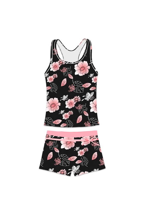 Girls Bathing Suits Two-Piece Swimsuit with Boyshorts Vest-Style Tankini(12-13T Butterfly)