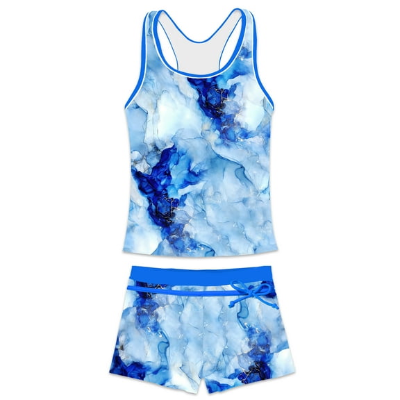 PROALLO Girls Bathing Suits Two-Piece Swimsuit with Boyshorts Vest-Style Tankini(12-13T Dream Blue)