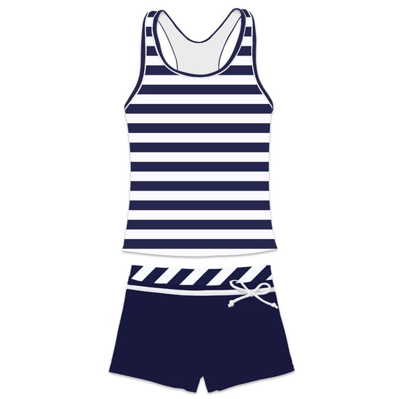 PROALLO Girls Bathing Suits Two-Piece Swimsuit with Boyshorts Vest-Style Tankini(12-13T Navy Blue Stripes)