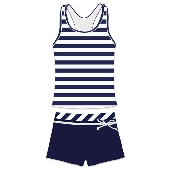 PROALLO Girls Bathing Suits Two-Piece Swimsuit with Boyshorts Vest-Style Tankini(14-15T Navy Blue Stripes)