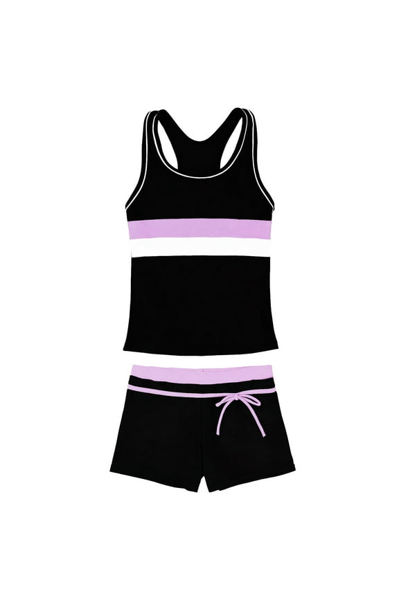 Girls Bathing Suits Two-Piece Swimsuit with Boyshorts Vest-Style Tankini(5-6T Black)