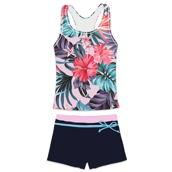PROALLO Girls Bathing Suits Two-Piece Swimsuit with Boyshorts Vest-Style Tankini(6-7T Hibiscus)