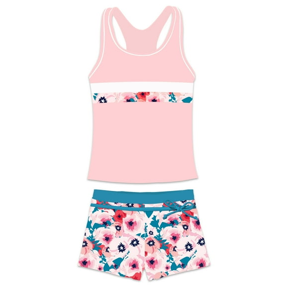 PROALLO Girls Bathing Suits Two-Piece Swimsuit with Boyshorts Vest-Style Tankini(6-7T PinkFlowerA)