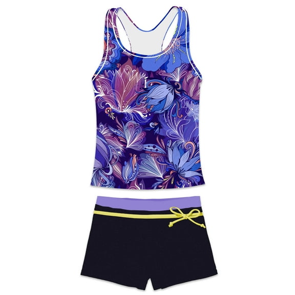 PROALLO Girls Bathing Suits Two-Piece Swimsuit with Boyshorts Vest-Style Tankini(8-9T Epiphyllum)