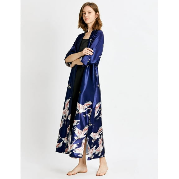 PRODESIGN Long Kimono Robe Satin Sleepwear Blouse Bathrobe Nightgown Silky Crane Kimono Cardigan Robe