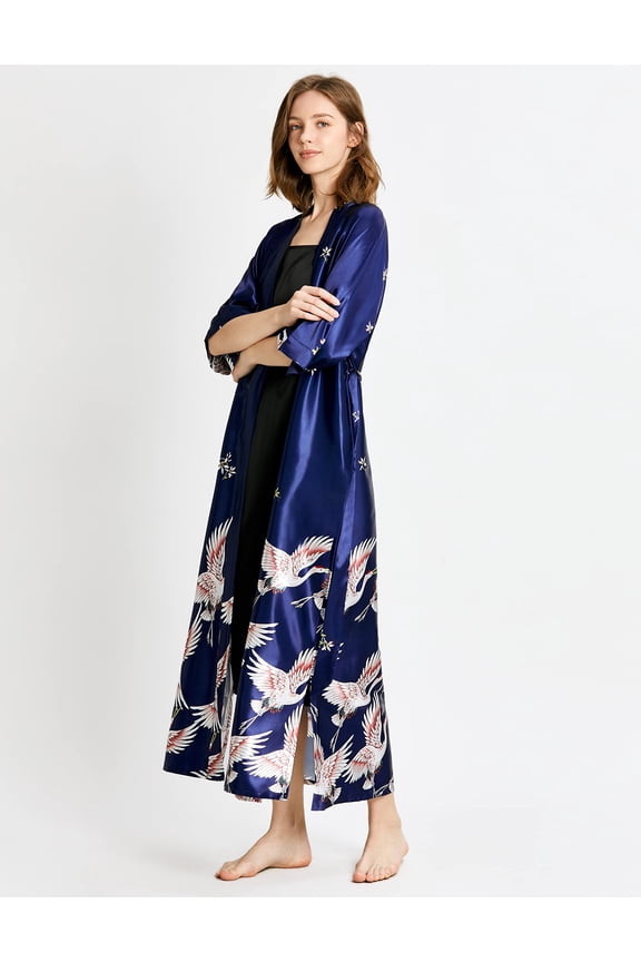 PRODESIGN Long Kimono Robe Satin Sleepwear Blouse Bathrobe Nightgown Silky Crane Kimono Cardigan Robe
