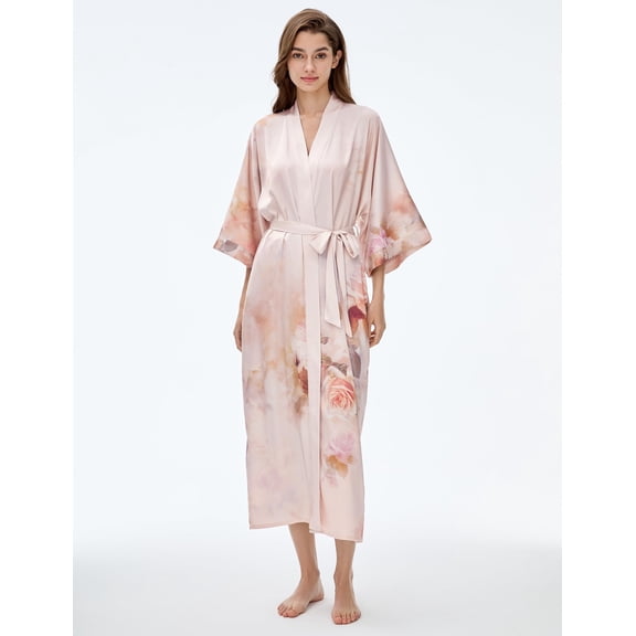 PRODESIGN Long Kimono Robe Satin Sleepwear Gradient Watercolor Silky Kimono Nightgown Bathrobe Kimono Blouse Cardigan
