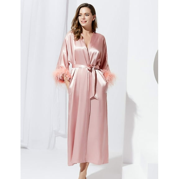 PRODESIGN Satin Kimono Robe Long Silky Bathrobe with Ostrich Feather Trim Sleepwear Wedding Bridesmaid Dressing Gown