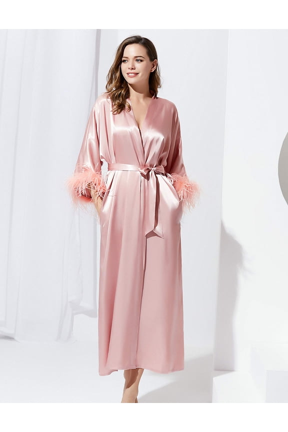 PRODESIGN Satin Kimono Robe Long Silky Bathrobe with Ostrich Feather Trim Sleepwear Wedding Bridesmaid Dressing Gown