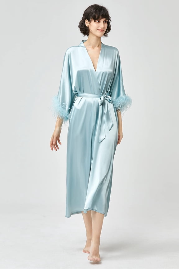 PRODESIGN Satin Kimono Robe Long Silky Bathrobe with Ostrich Feather Trim Sleepwear Wedding Bridesmaid Dressing Gown