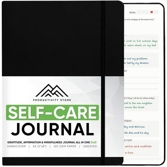 PRODUCTIVITY STORE Gratitude Journal & Self Care Journal - Guided Journal, Mindfulness Journal & Mental Health Journal All-In-One - Premium Daily Journal For Women & Men - A5 5.8" x 8.3" - Black
