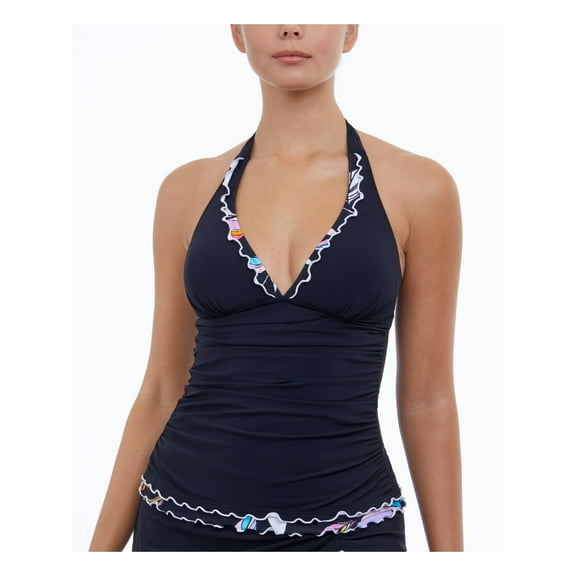 PROFILE by GOTTEX Women's Black Stretch Tummy Control Tie Ruffled Lined Deep V Neck Fixed Cups Monaco Halter Tankini Swimsuit Top 6
