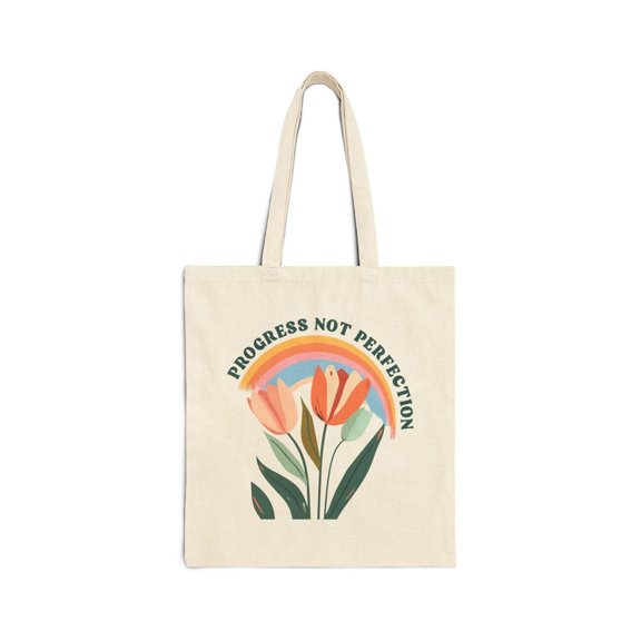 PROGRESS NOT PERFECTION Boho Floral Tote Bag with Positive Vibes