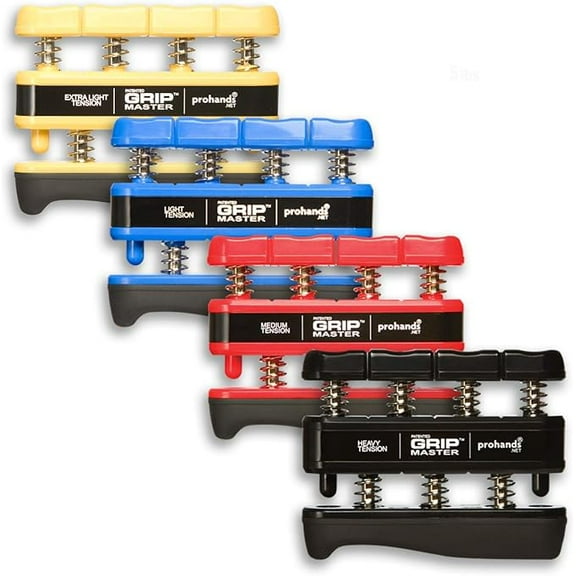 PROHANDS Gripmaster Hand Exerciser, Finger Exerciser (Hand Grip Strengthener), Spring-Loaded, Finger-Piston System, Isolate and Exercise Each Finger, (Set of 4) (Yellow, Blue, Red, Black)