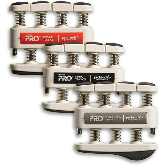 PROHANDS PRO Hand Exerciser, Finger Exerciser (Hand Grip Strengthener), Spring-Loaded, Finger-Piston System, Isolate and Exercise Each Finger, (Set of 3) (Red, Black, Gray)