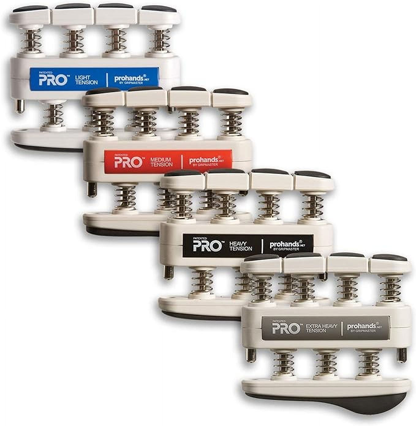 PROHANDS PRO Hand Exerciser, Finger Exerciser (Hand Grip Strengthener), Spring-Loaded, Finger-Piston System, Isolate and Exercise Each Finger, (Set of 4) (Blue, Red, Black, Gray)