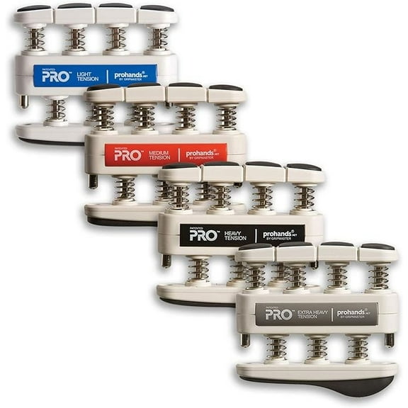 PROHANDS PRO Hand Exerciser, Finger Exerciser (Hand Grip Strengthener), Spring-Loaded, Finger-Piston System, Isolate and Exercise Each Finger, (Set of 4) (Blue, Red, Black, Gray)