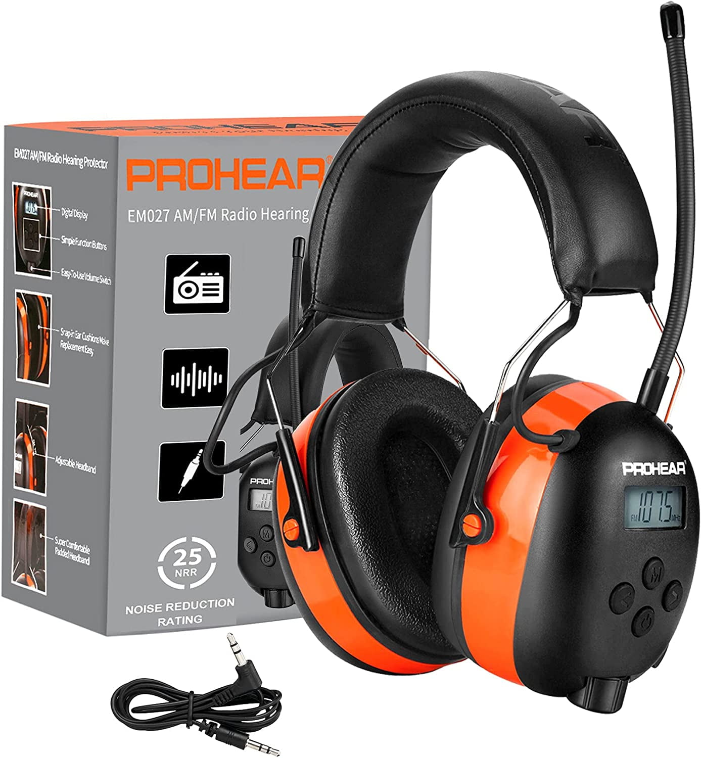 PROHEAR 027 AM FM Radio Headphones with LCD Screen, 25dB NRR, Durable and Safe  Earmuffs for Mowing, Woodworking, Construction Orange