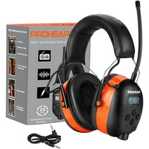 PROHEAR 027 AM FM Radio Headphones with LCD Screen, 25dB NRR, Durable and Safe Earmuffs for Mowing, Woodworking, Construction - Orange