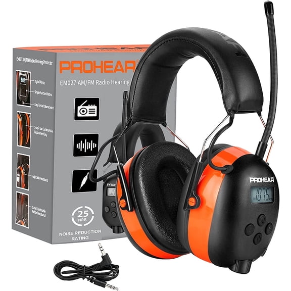 PROHEAR 027 AM FM Radio Headphones with Digital Display, 25dB NRR, Safety Ear Protection Earmuffs for Mowing, Snowblowing, Construction, Work Shops - Orange