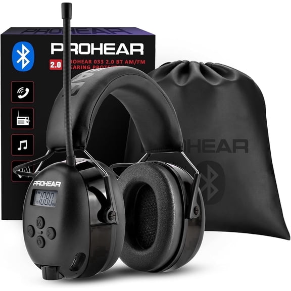 PROHEAR 033 Upgraded Bluetooth 5.4 Hearing Protection Headphones with FM/AM Radio, OSHA-Compliant 25dB NRR Safety Earmuffs, Rechargeable 48H Playtime for Mowing, Workshops and Snowblowing – Black