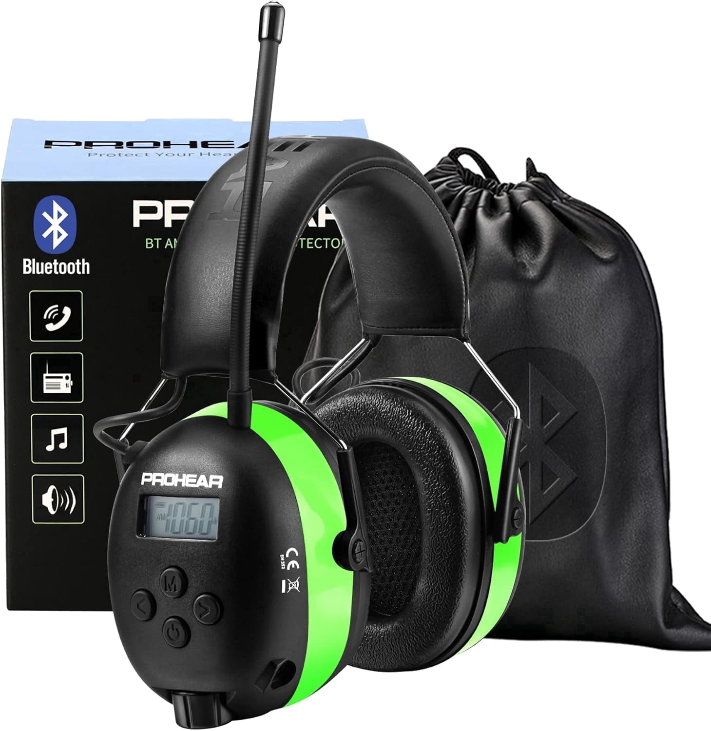 PROHEAR 033 5.4 Bluetooth Hearing Protection AM FM Radio Headphones, Noise Reduction Safety Earmuffs with Rechargeable 2000mAH Battery, 31dB SNR Ear Protector for Mowing Lawn,Gifts for Father Green