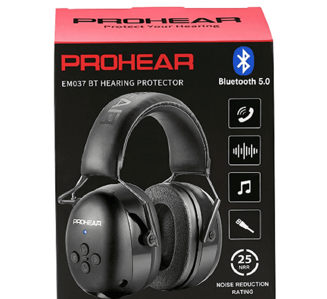 PROHEAR 037 Hearing Protection with Bluetooth 5.0 Technology, NRR 25dB  Safety Earmuffs with Rechargeable 1100mAh Battery for Mowing Black 