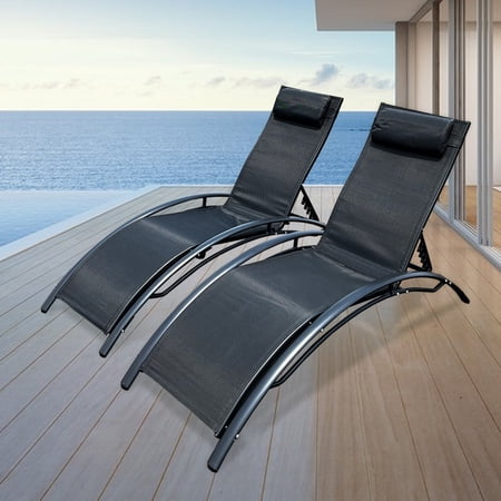 PROHIKER 2-Piece Outdoor Chaise Patio Lounge Chair Pool Chairs, Adusjtable Pool Lounge Chair with Headrest, Patio Tanning Sunbathing Chairs for Poolside Beach Backyard, Black