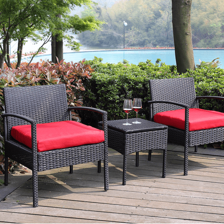 PROHIKER 3 Piece Patio Bistro Set Outdoor Wicker Furniture Set, Rattan Conversation Set w/Coffee Table & Cushions, Patio Chairs Set Porch Blacony Furniture for Garden Pool Backyard, Red