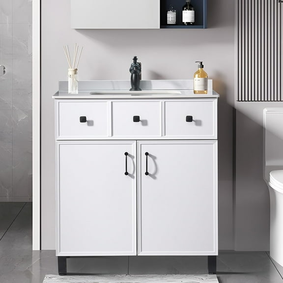 PROHIKER 29.1" Bathroom Vanity with Sink, Modern Bathroom Vanity Cabinet, Freestanding Bathroom Sink Cabinet with 1 Soft-Close Door and Metal Handle