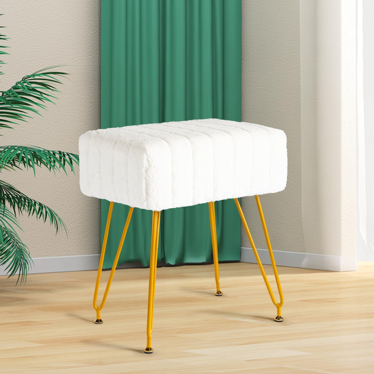 PROHIKER Modern Makeup Vanity Stool, Faux Fur Vanity Chair Ottoman Soft