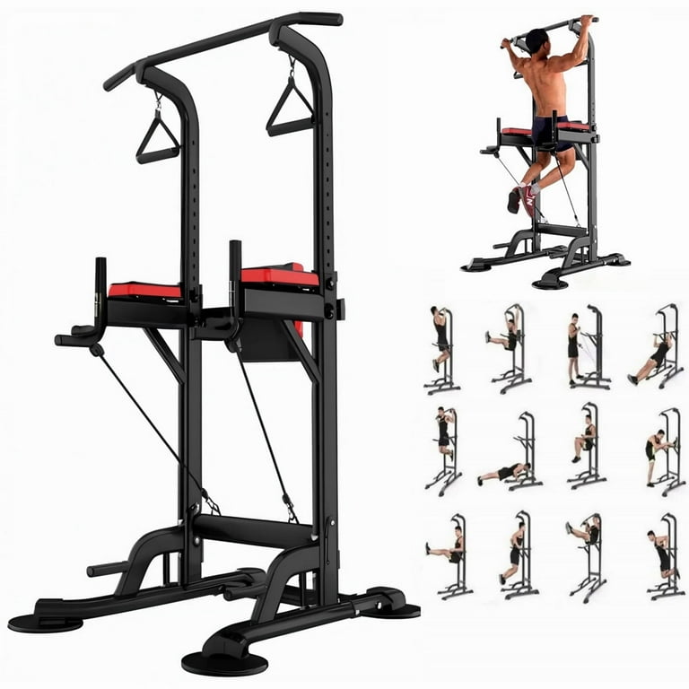 PROHIKER Power Tower Dip Station Pull Up Bar Stand Power Rack with Backrest and Resistance Band Height Adjustable Strength Training Equipment for