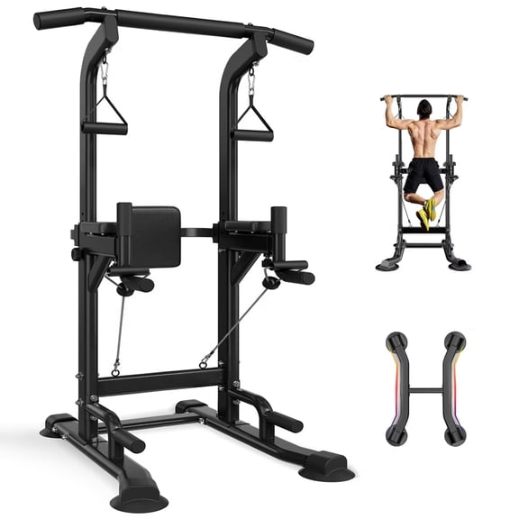 PROHIKER Power Tower Dip Station, Pull Up Bar Stand Power Rack with Backrest and Resistance Band, Height Adjustable Strength Training Equipment for Fitness Home Workout, Black