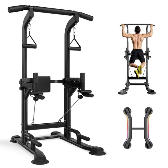 PROHIKER Power Tower Dip Station, Pull Up Bar Stand Power Rack with Backrest and Resistance Band, Height Adjustable Strength Training Equipment for Fitness Home Workout, Black
