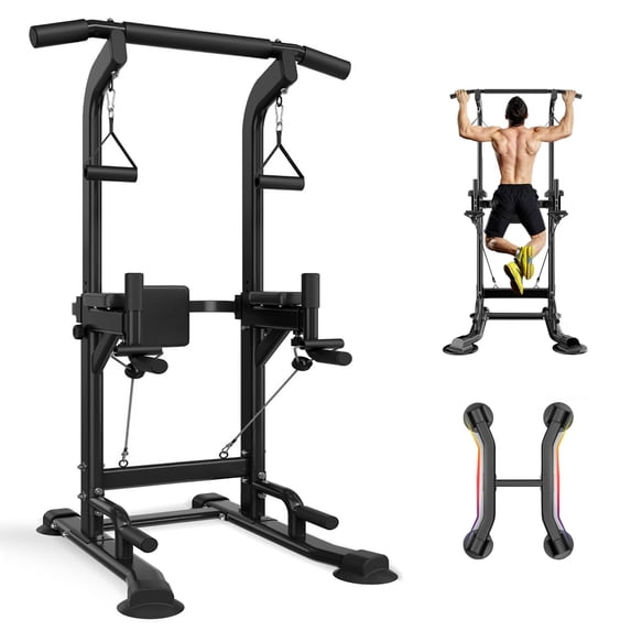 PROHIKER Power Tower Dip Station, Pull Up Bar Stand Power Rack with Backrest and Resistance Band, Height Adjustable Strength Training Equipment for Fitness Home Workout, Black