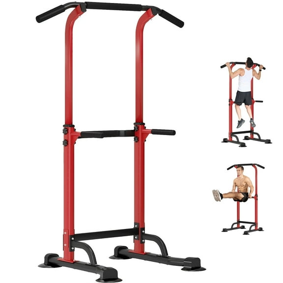 PROHIKER Power Tower Dip Station, Pull Up Bar Stand Power Rack with Backrest, Height Adjustable Strength Training Equipment for Fitness Home Workout, Red