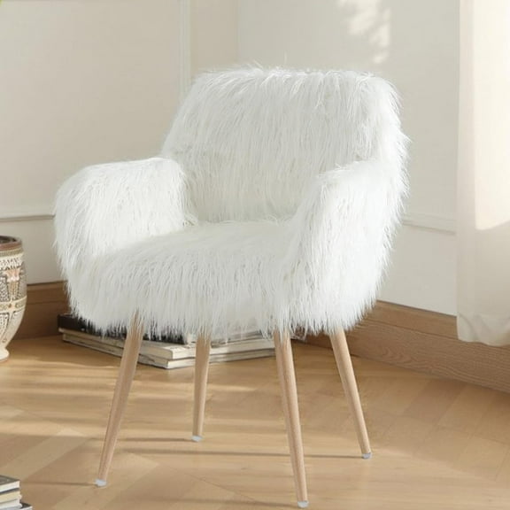 PROHIKER Vanity Stool Chair Faux Fur, Makeup Desk Chair Furry Padded Seat with Anti-Slip Feet, Accent Furniture Desk Vanity Chair for Living Room, Bedroom, White