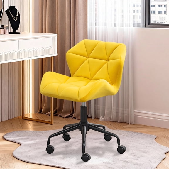 PROHIKER Vanity Stool Chair with Wheels, Height Adjustable Makeup Chair with Back, Upholstered Seat Office Vanity Chair for Living Room, Bedroom, Yellow