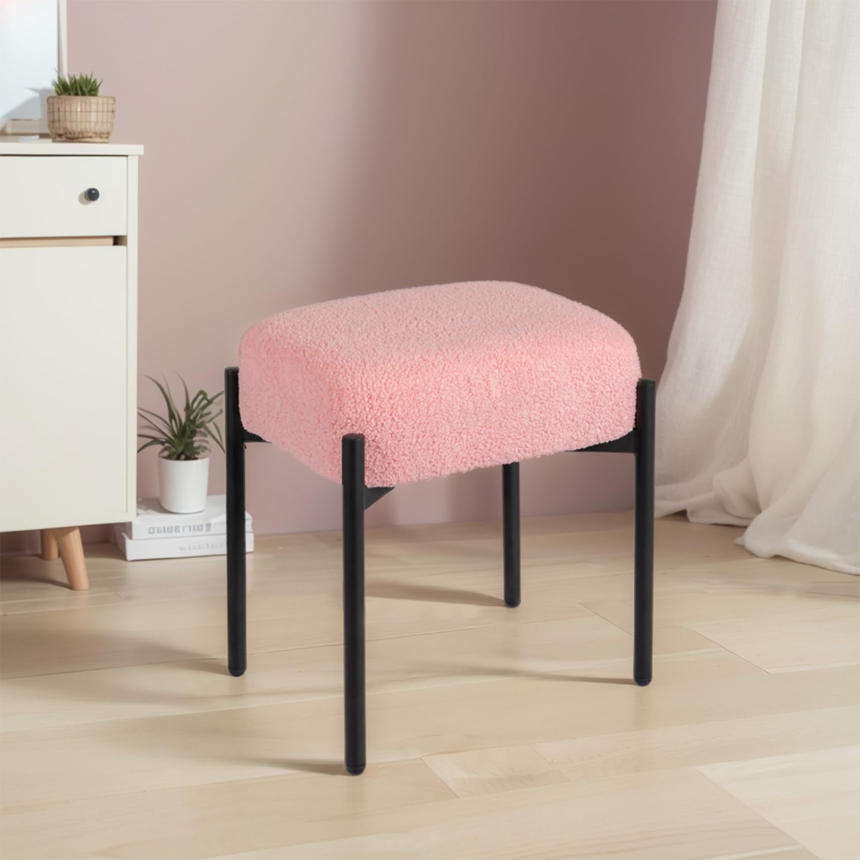 PROHIKER Faux Teddy Fur Vanity Stool, Makeup Ottoman with Metal